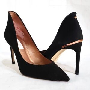 TED BAKER BLACK SUEDE PUMPS HEELS ROSE GOLDTONE TRIM 36.5
